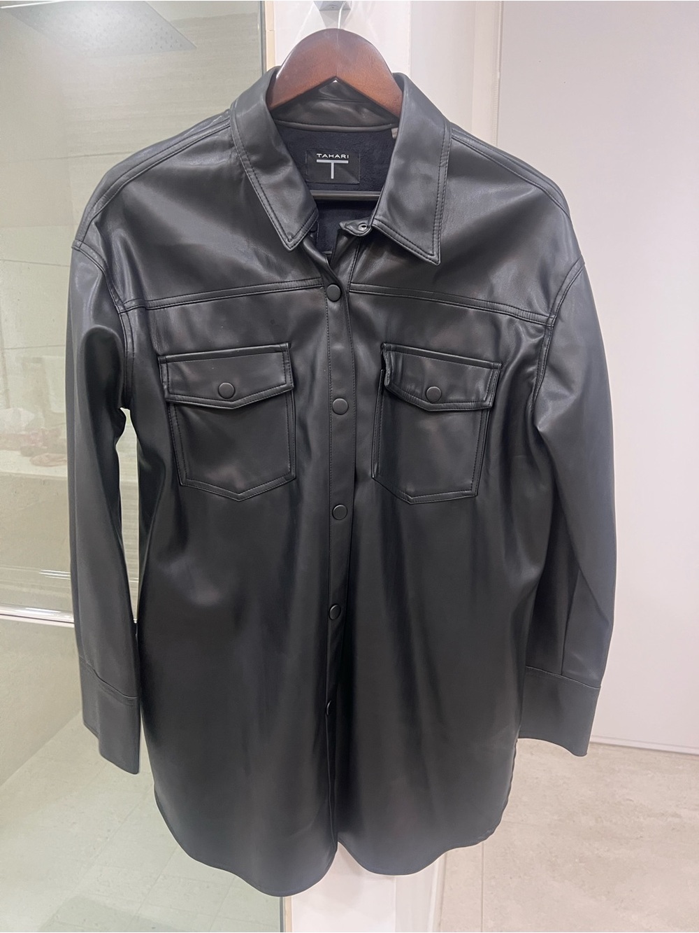 Tahari Black Faux-Leather Snap-Front Shirt Jacket